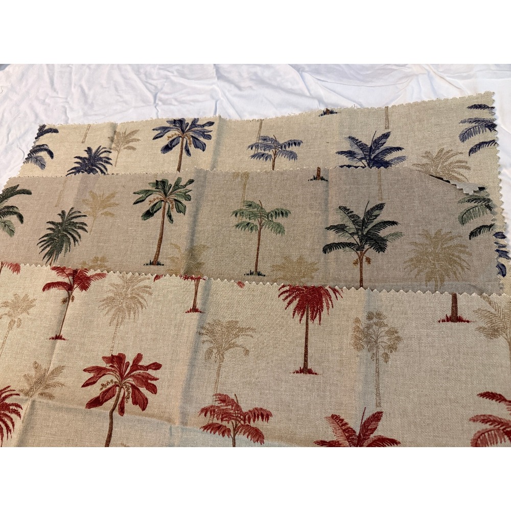 Lot of 3 Linen Fabric w/ Tropical Island Palm‎ Trees blue red 25"x25" set